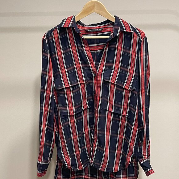 ZARA Checkered Botton Down Shirt - Size S - Red/Dark Navy - Picture 2 of 4